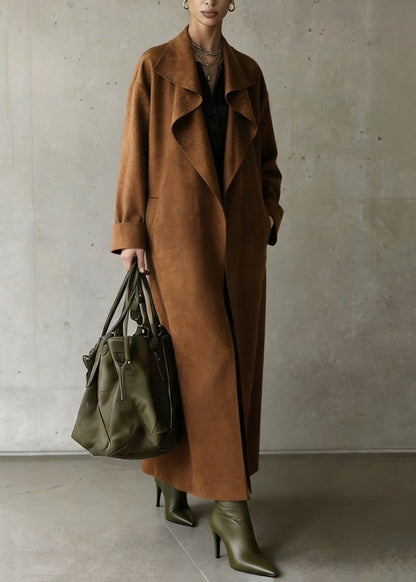 Stylish Brown Peter Pan Collar Pockets Solid Faux Suede Long Coat Spring