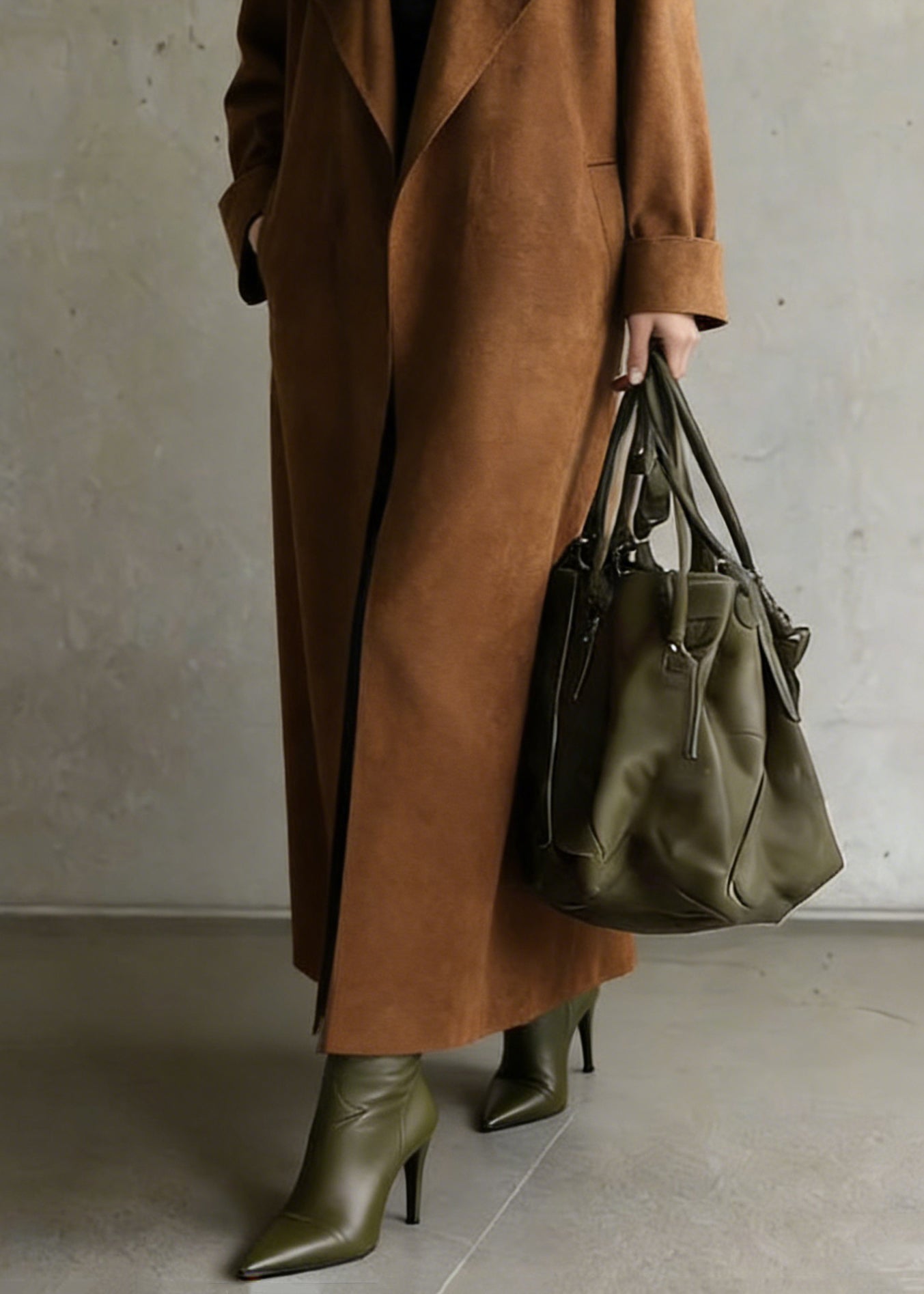 Stylish Brown Peter Pan Collar Pockets Solid Faux Suede Long Coat Spring