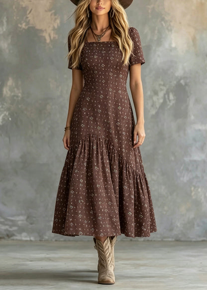 Stylish Brown Square Collar Print Cotton Long Dresses Summer
