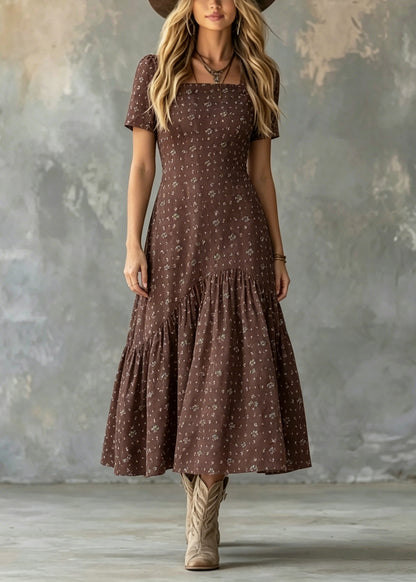 Stylish Brown Square Collar Print Cotton Long Dresses Summer