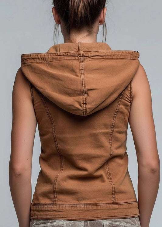 Stylish Brown Zip Up Patchwork Cotton Hooded Vest Sleeveless