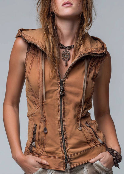 Stylish Brown Zip Up Patchwork Cotton Hooded Vest Sleeveless