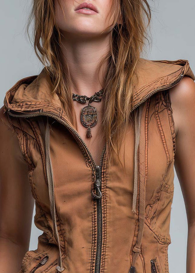 Stylish Brown Zip Up Patchwork Cotton Hooded Vest Sleeveless