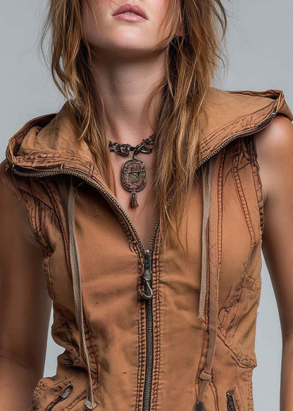 Stylish Brown Zip Up Patchwork Cotton Hooded Vest Sleeveless