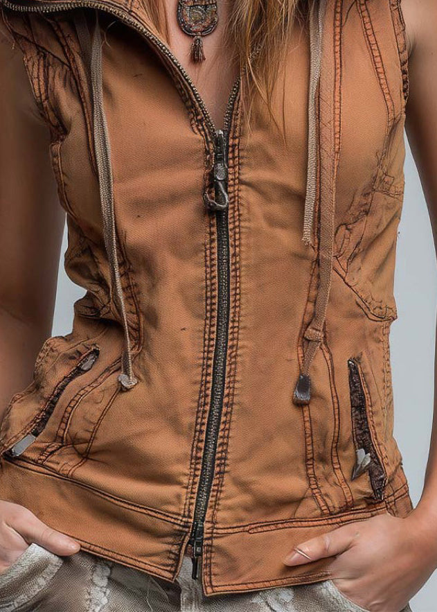 Stylish Brown Zip Up Patchwork Cotton Hooded Vest Sleeveless