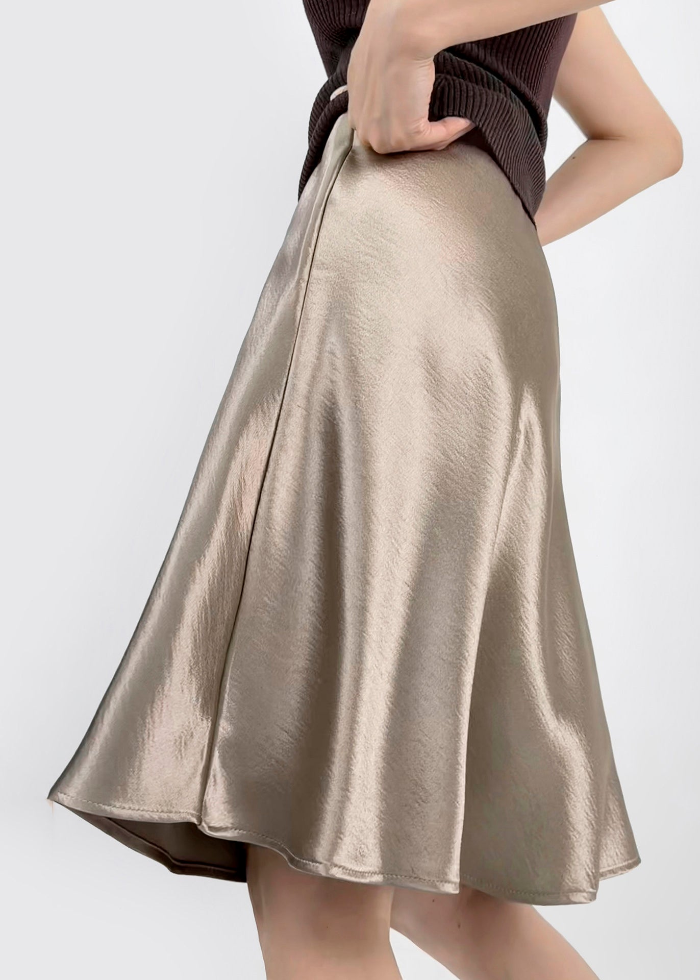 Stylish Champagne High Waist Draping A-Line Skirts Fall