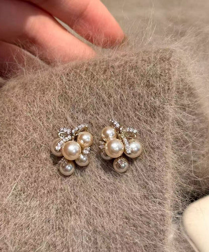 Stylish Champagne Zircon Pearl Silver Needle Bow Stud Earrings