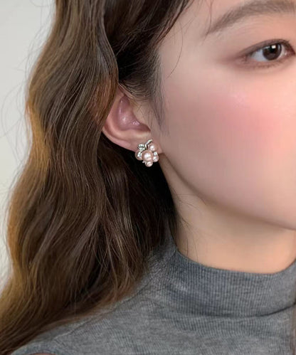 Stylish Champagne Zircon Pearl Silver Needle Bow Stud Earrings