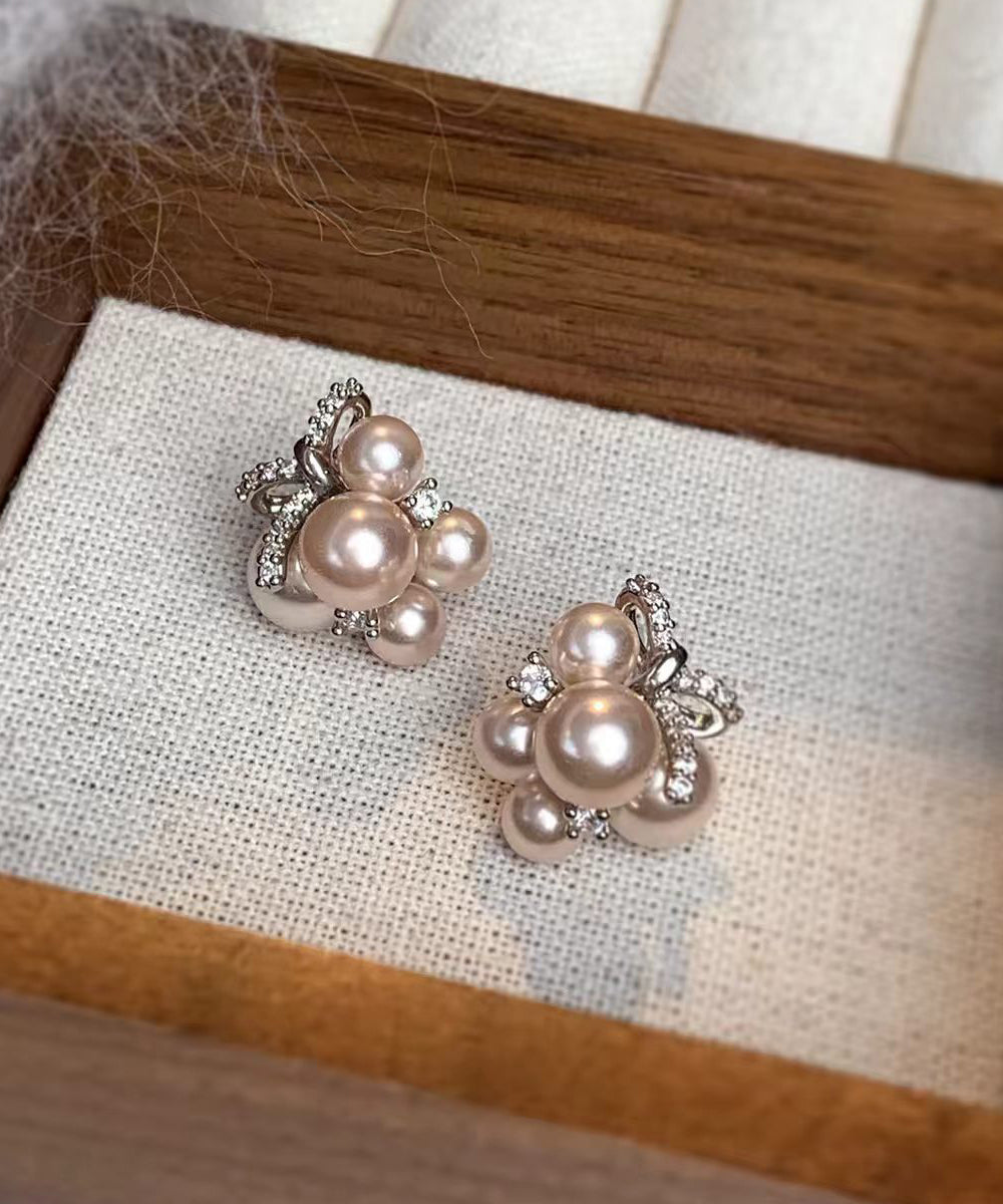 Stylish Champagne Zircon Pearl Silver Needle Bow Stud Earrings