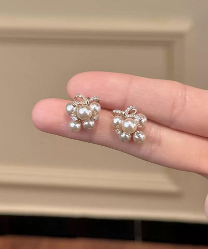 Stylish Champagne Zircon Pearl Silver Needle Bow Stud Earrings