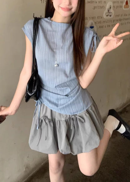 Stylish Cinched Patchwork Cotton Two Piece Suit Set Summer