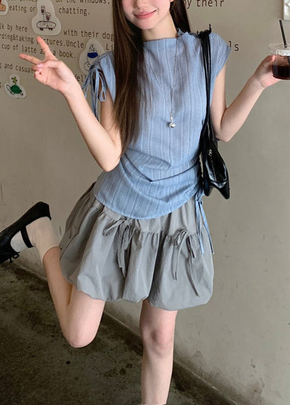 Stylish Cinched Patchwork Cotton Two Piece Suit Set Summer