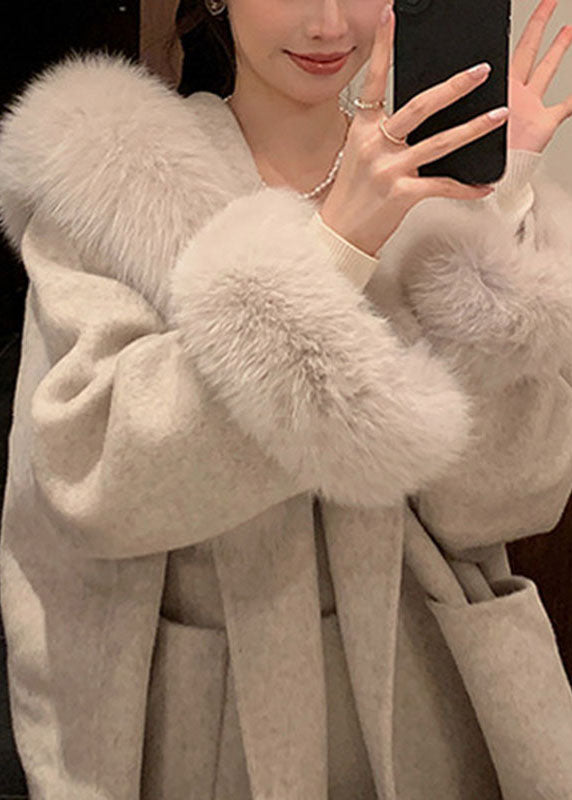 Stylish Coconut Milk White Fox Collar Woolen Hooded Coat Long Sleeve