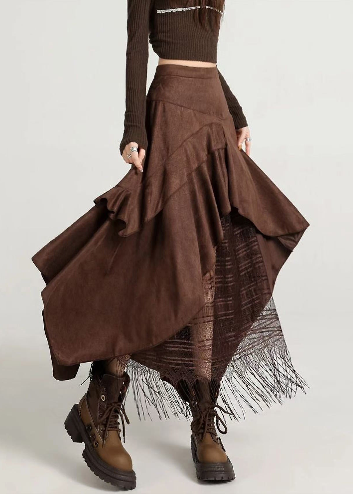 Stylish Coffee Asymmetrical Lace Faux Suede Skirts Fall