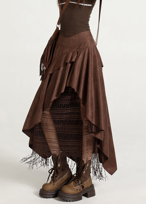 Stylish Coffee Asymmetrical Lace Faux Suede Skirts Fall