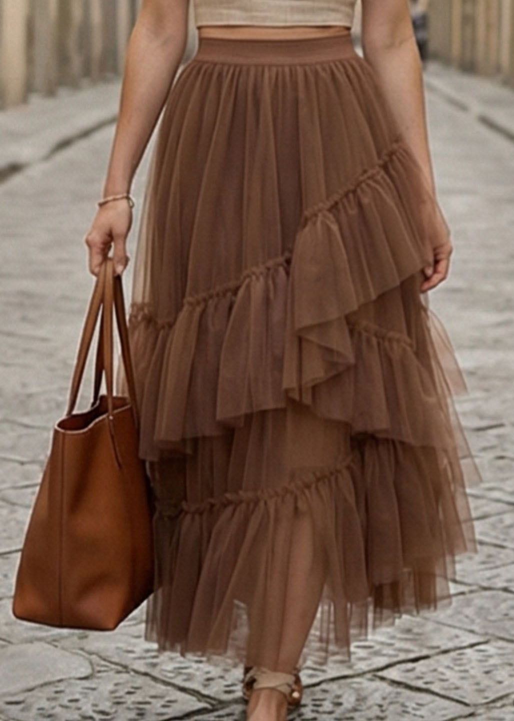 Stylish Coffee Asymmetrical Ruffled Patchwork Tulle Skirts Summer