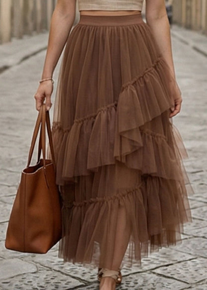 Stylish Coffee Asymmetrical Ruffled Patchwork Tulle Skirts Summer