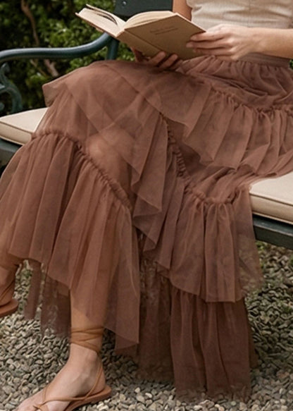 Stylish Coffee Asymmetrical Ruffled Patchwork Tulle Skirts Summer
