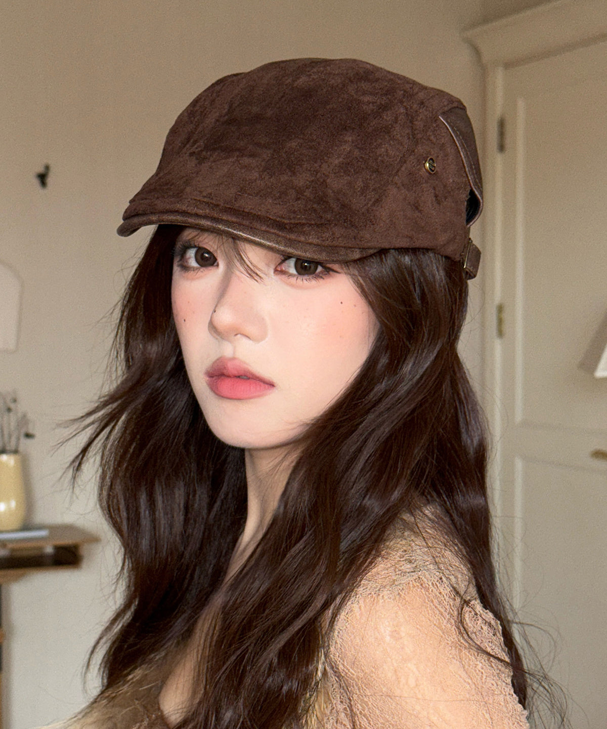 Stylish Coffee Faux Suede Patchwork Breton Hat