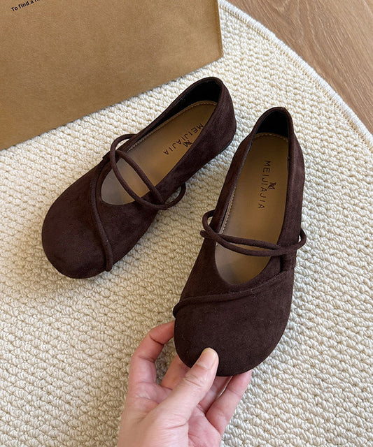 Stylish Coffee Flat Shoes Suede Unique Splicing Cross Strap