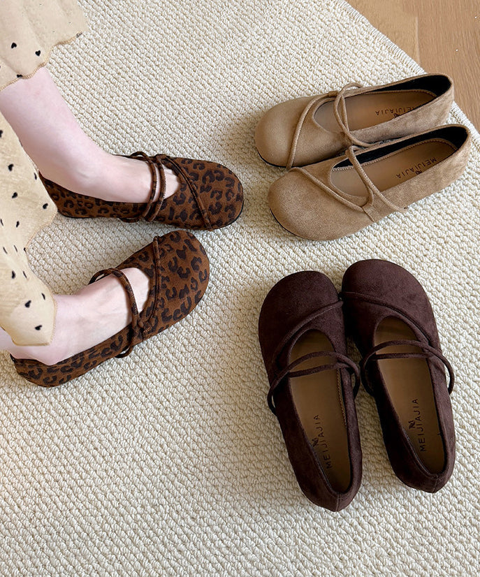 Stylish Coffee Flat Shoes Suede Unique Splicing Cross Strap