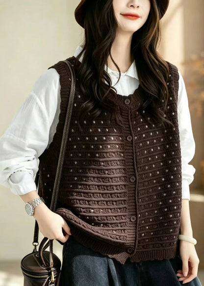 Stylish Coffee Hollow Out Button Knit Vest Sleeveless