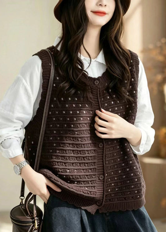 Stylish Coffee Hollow Out Button Knit Vest Sleeveless