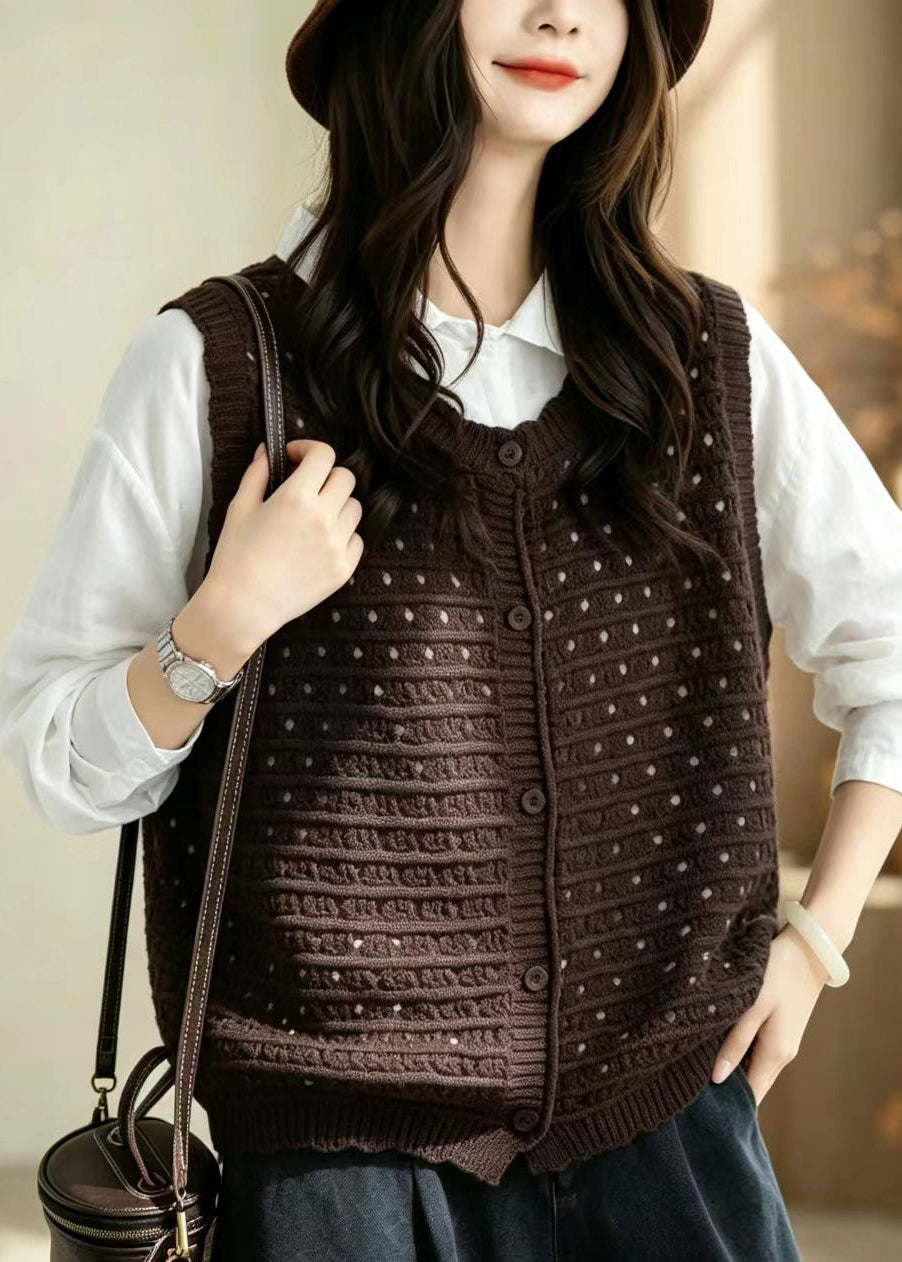 Stylish Coffee Hollow Out Button Knit Vest Sleeveless