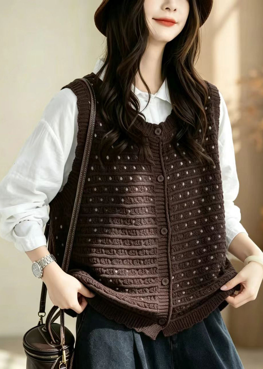 Stylish Coffee Hollow Out Button Knit Vest Sleeveless