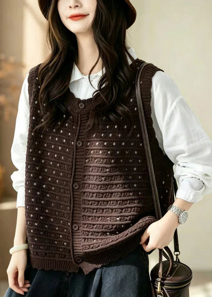 Stylish Coffee Hollow Out Button Knit Vest Sleeveless