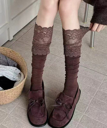 Stylish Coffee Lace Patchwork Cotton Mid Calf Socks
