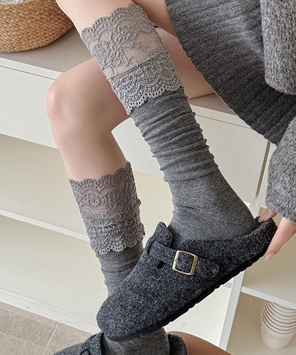 Stylish Coffee Lace Patchwork Cotton Mid Calf Socks
