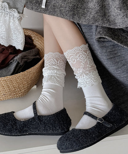 Stylish Coffee Lace Patchwork Cotton Mid Calf Socks
