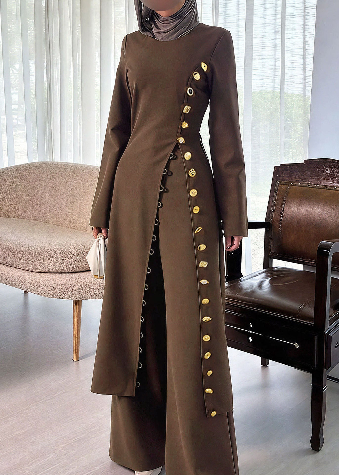 Stylish Coffee O-Neck Button Cotton Long Coats Fall