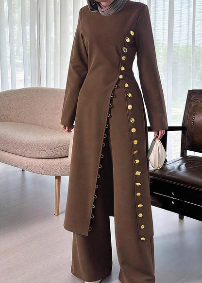 Stylish Coffee O-Neck Button Cotton Long Coats Fall