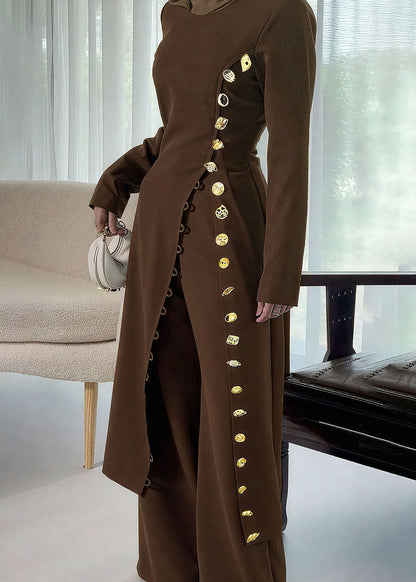 Stylish Coffee O-Neck Button Cotton Long Coats Fall