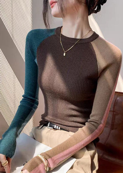 Stylish Coffee O Neck Patchwork Woolen Knitted Tops Spring