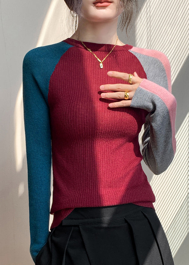 Stylish Coffee O Neck Patchwork Woolen Knitted Tops Spring