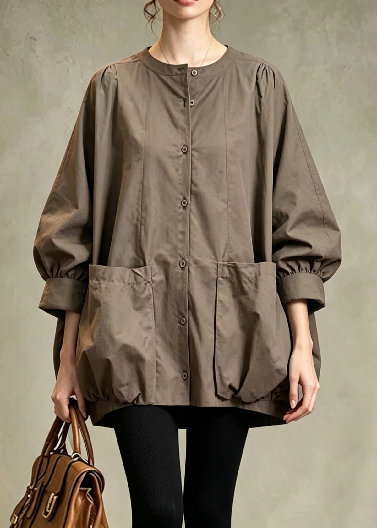 Stylish Coffee O-Neck Pockets Solid Shirts Fall