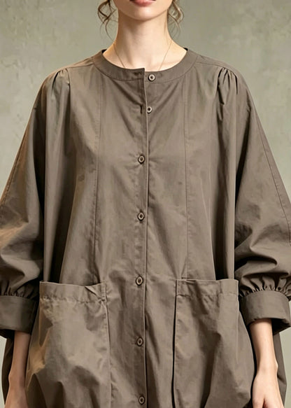 Stylish Coffee O-Neck Pockets Solid Shirts Fall