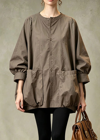 Stylish Coffee O-Neck Pockets Solid Shirts Fall