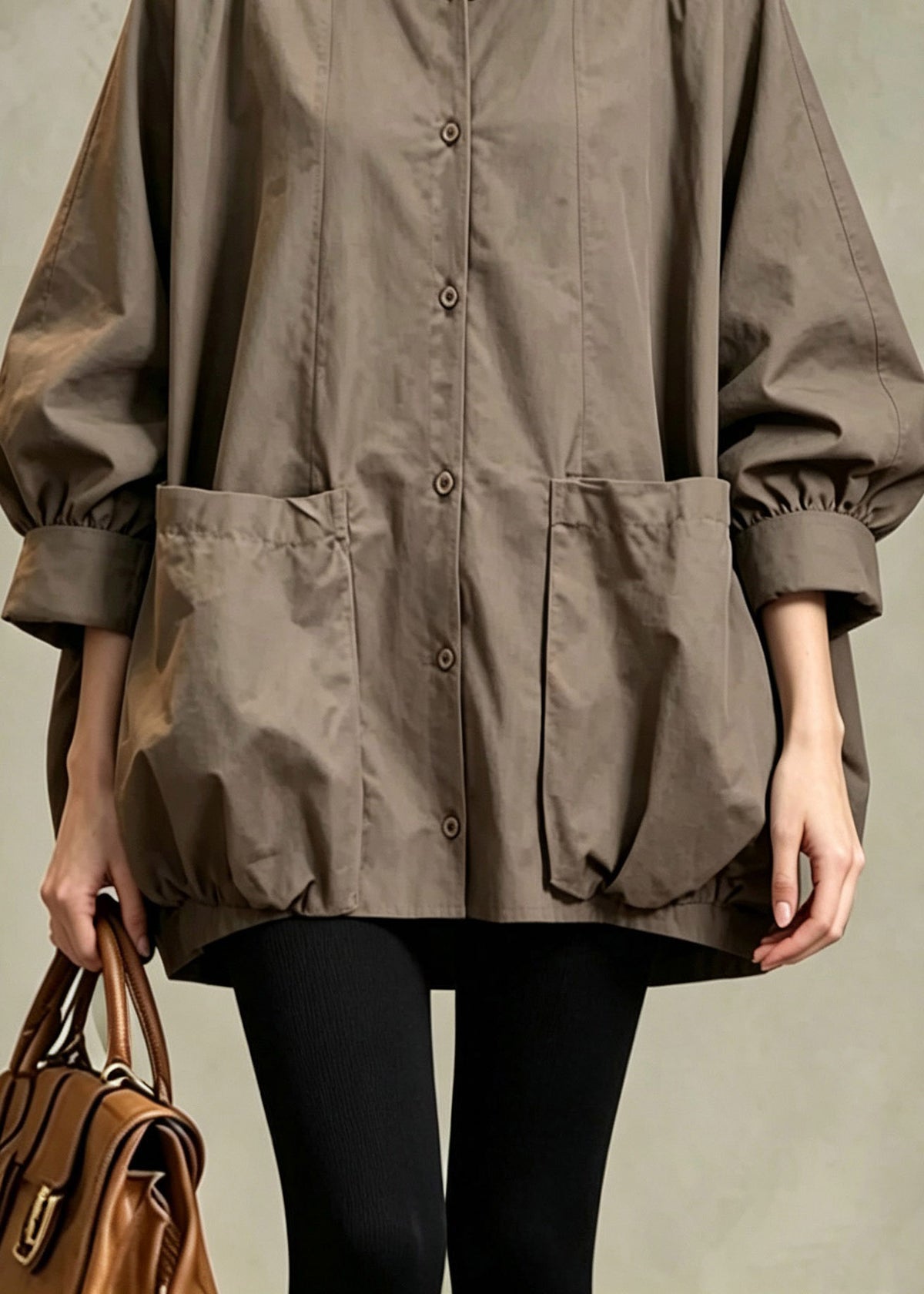 Stylish Coffee O-Neck Pockets Solid Shirts Fall