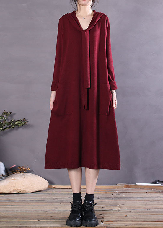 Stylish Chocolate Pockets Loose Knit Long Dresses Spring