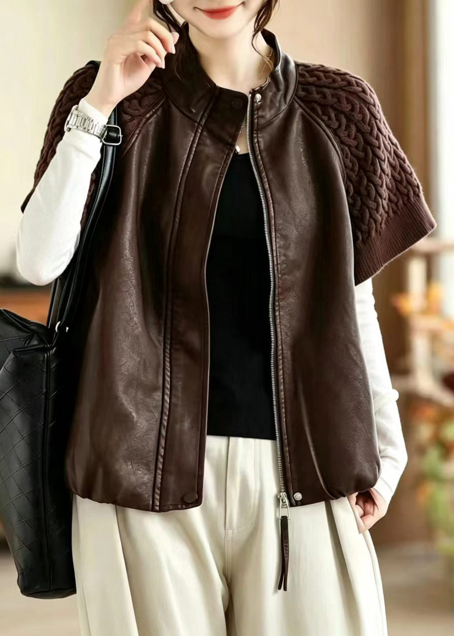 Stylish Coffee Stand Collar Knit Patchwork Faux Leather Vest Sleeveless