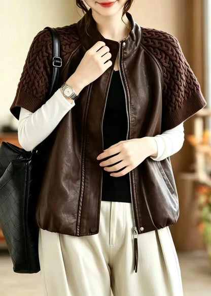 Stylish Coffee Stand Collar Knit Patchwork Faux Leather Vest Sleeveless