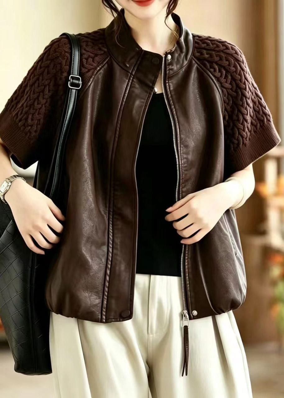 Stylish Coffee Stand Collar Knit Patchwork Faux Leather Vest Sleeveless
