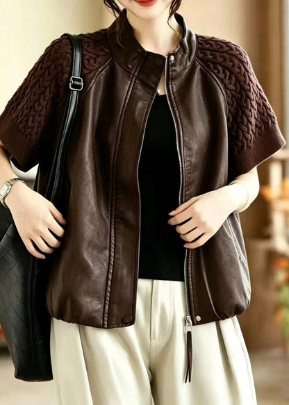 Stylish Coffee Stand Collar Knit Patchwork Faux Leather Vest Sleeveless