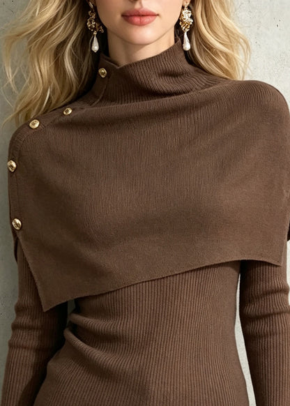 Stylish Coffee Turtleneck Knit Cloak And Sweater Two Pieces Set Fall