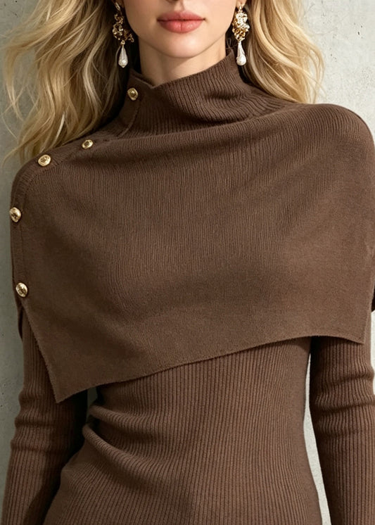 Stylish Coffee Turtleneck Knit Cloak And Sweater Two Pieces Set Fall