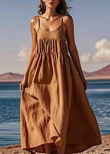 Load image into Gallery viewer, Stylish Coffee Wrinkled Cotton Spaghetti Strap Dress Summer